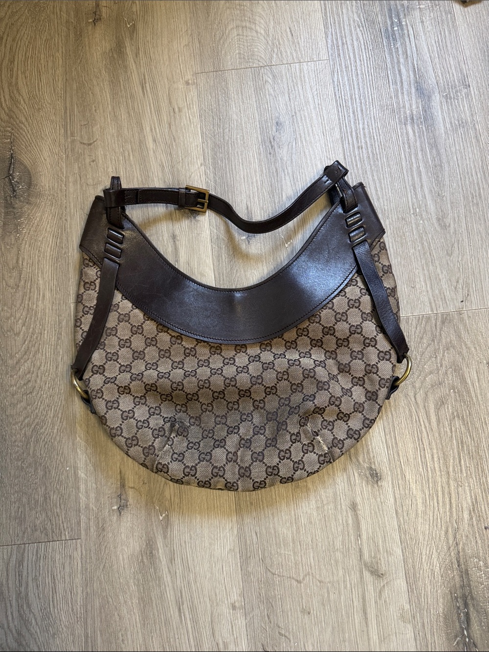 Gucci Brown Monogram Crescent Shoulder Bag with Dark Leather Trim